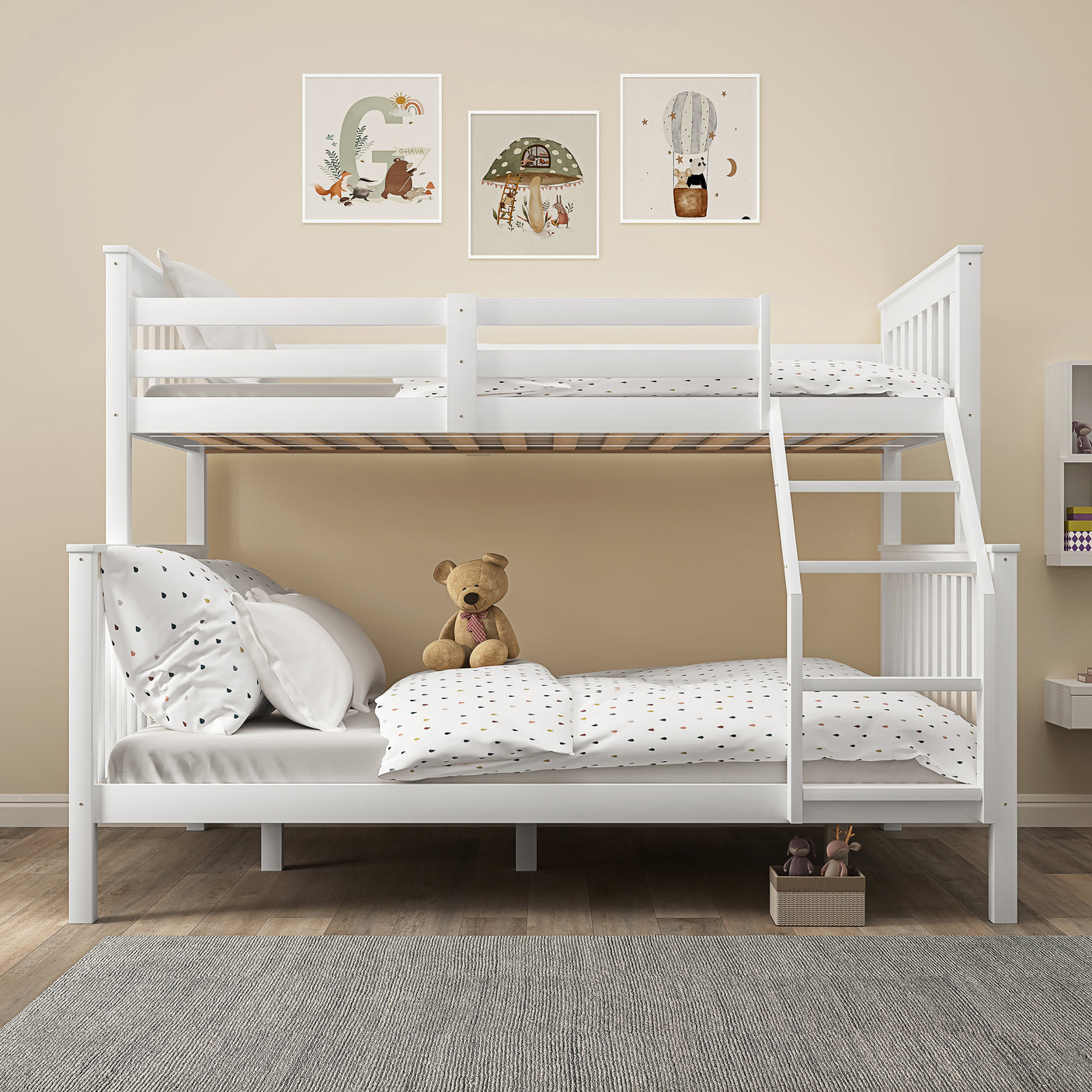 Front view of white triple bunk bed frame for kids with teddy bear decor, showcasing sturdy wooden construction and safety guardrails.
