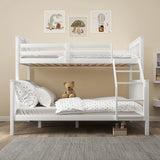 Front view of white triple bunk bed frame for kids with teddy bear decor, showcasing sturdy wooden construction and safety guardrails.