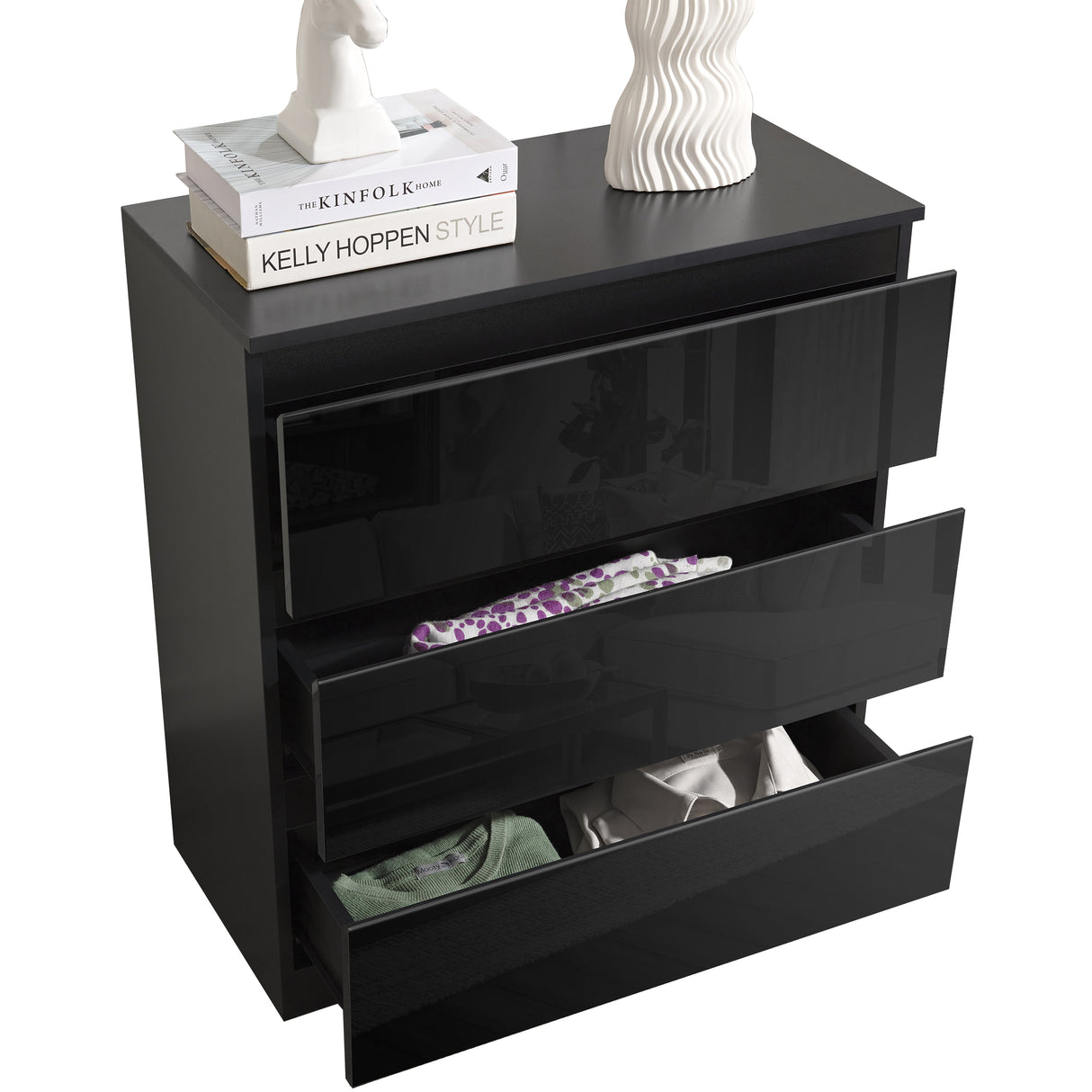 Low chest of drawers black, offering stylish and compact storage with a modern design.