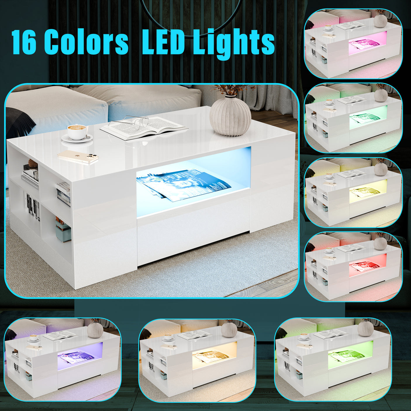 High Gloss Coffee Table With Storage & LED Lights