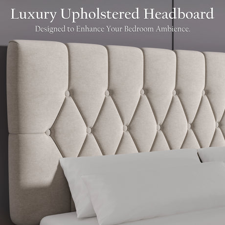 Beige velvet bed frame with luxury upholstered adjustable headboard in chesterfield style, ideal for double or king size beds from DHS Furniture.