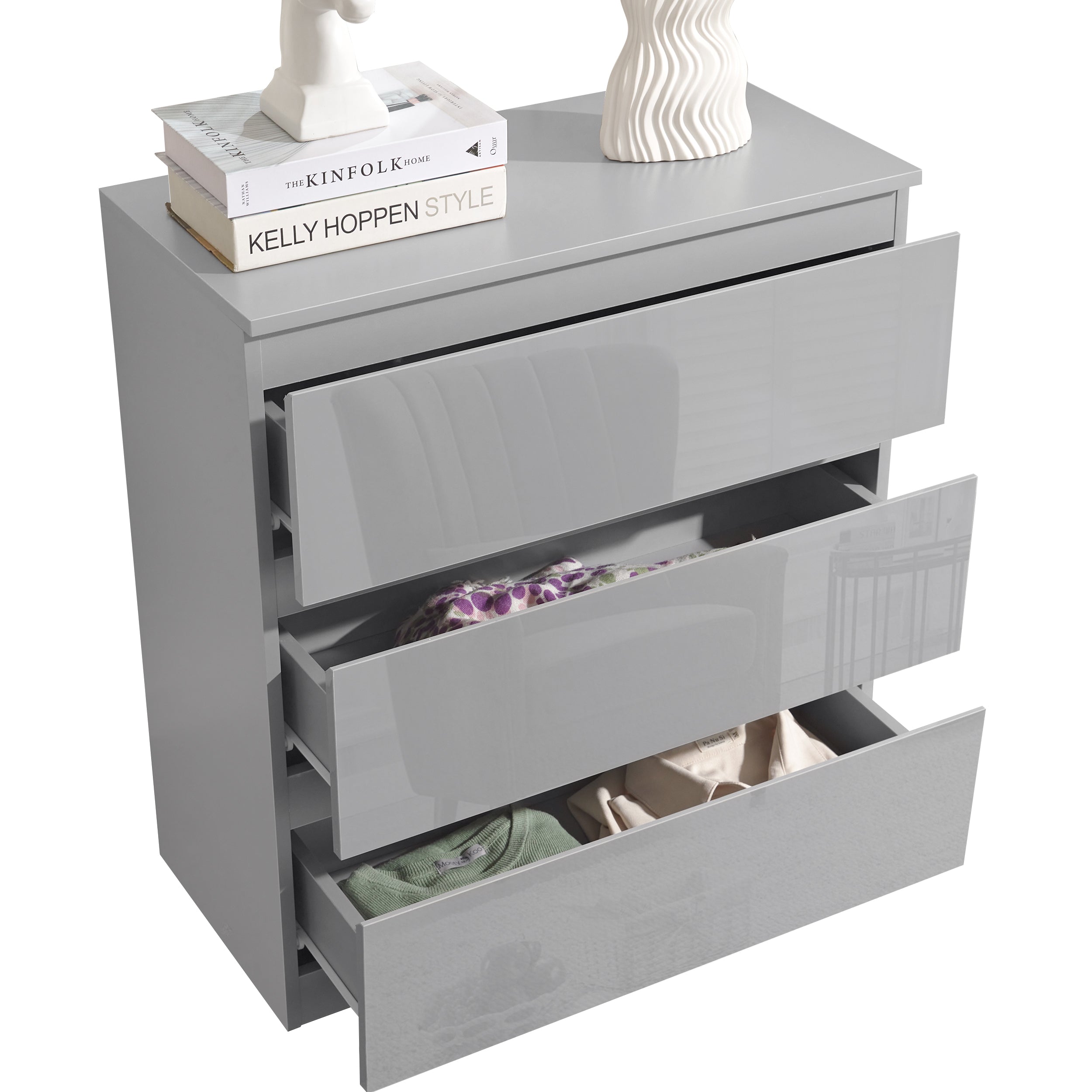 Low grey chest of drawers, providing efficient and stylish storage with a modern design.