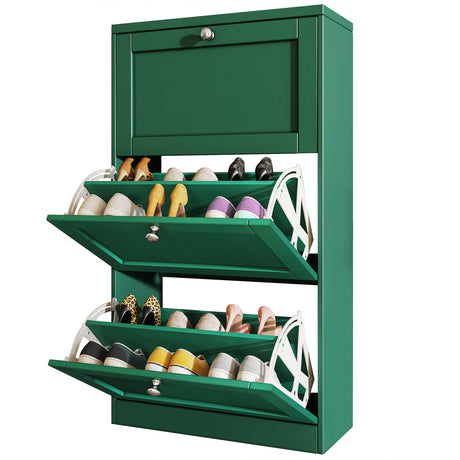 Low shoe cabinet with doors, compact storage solution, modern shoe organizer