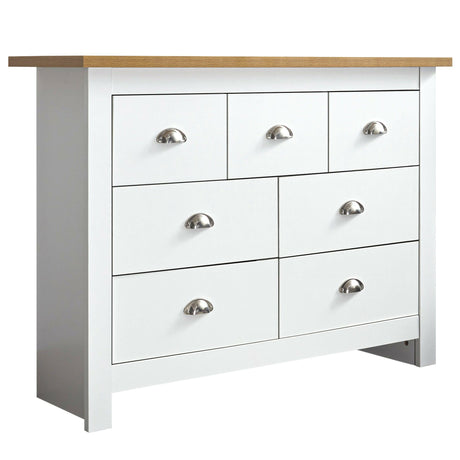 Low white chest of drawers uk with a natural wooden top and silver cup handles.