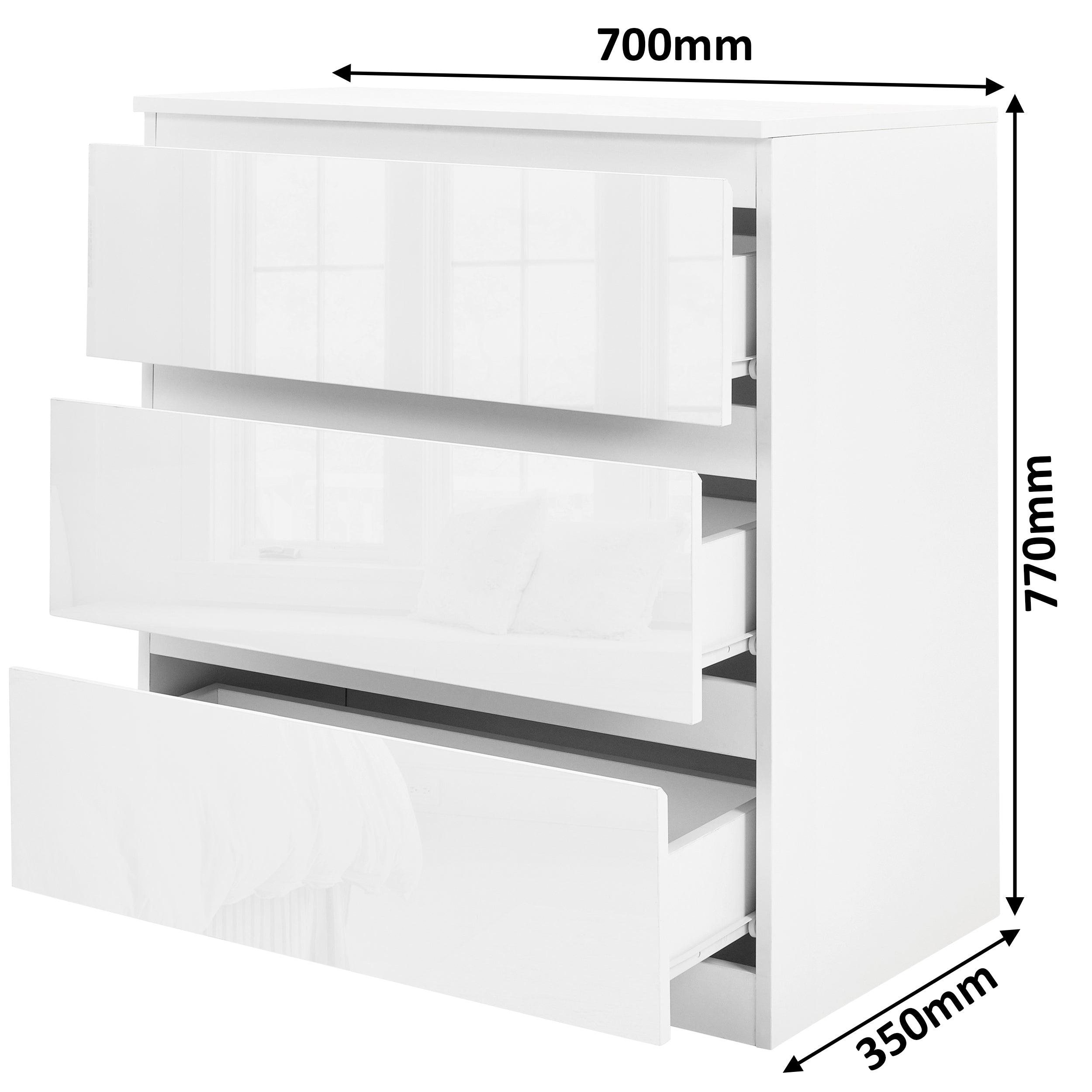 Low white chest of drawers, offering sleek and modern storage with a clean, minimalistic design.