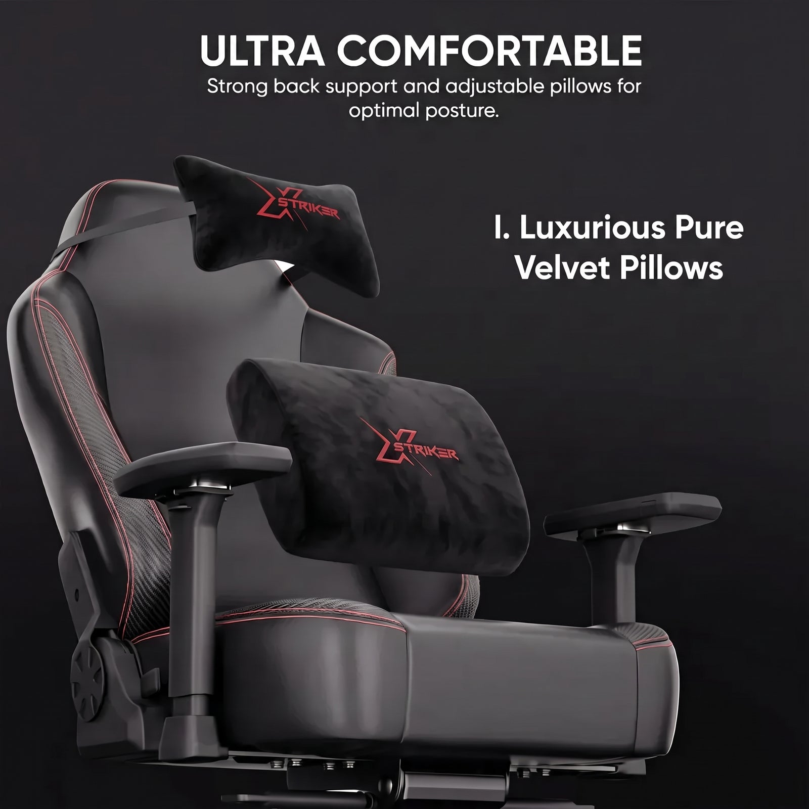 [Black] Close-up graphic focusing on the luxurious pure velvet pillows included with the comfortable gaming chair.