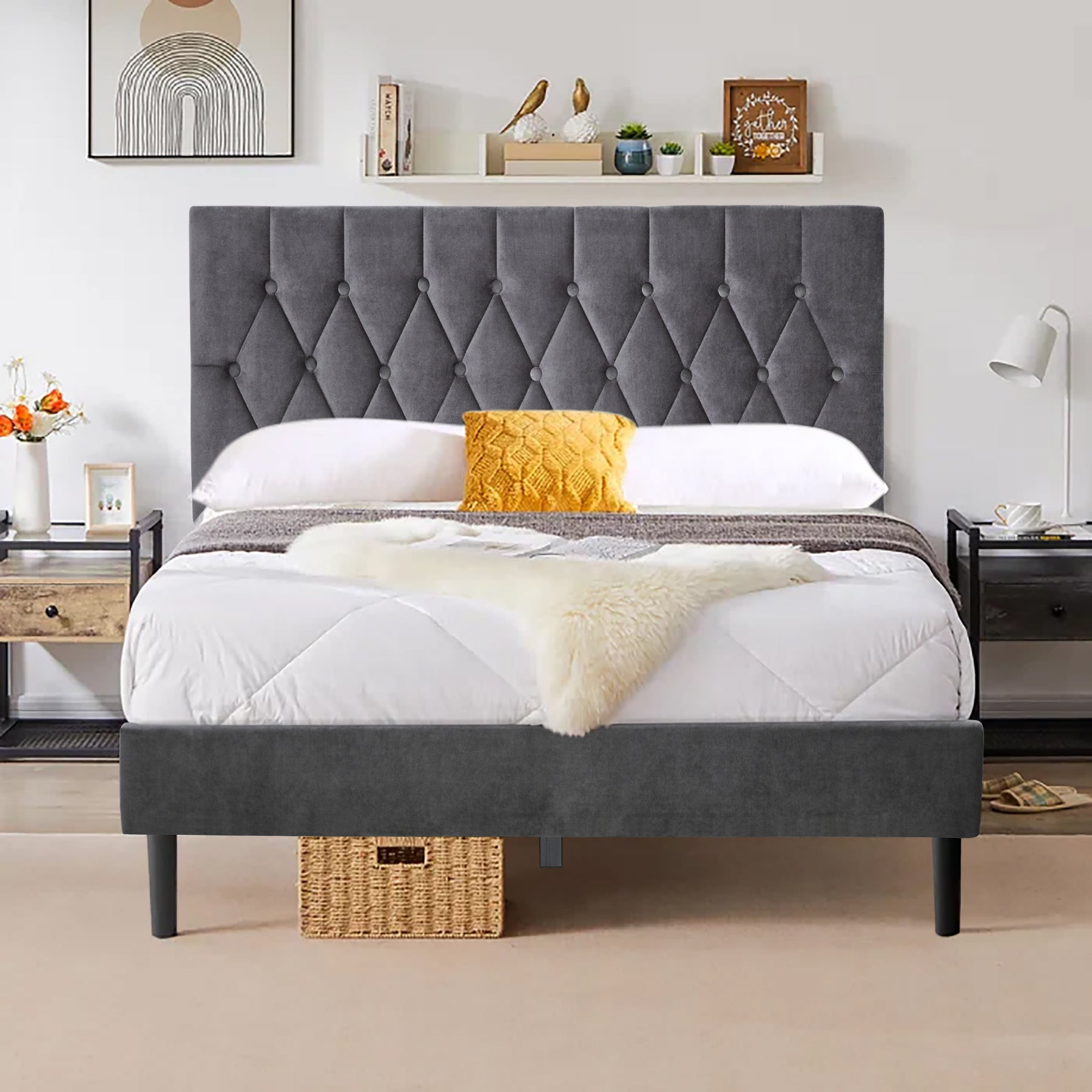 Luxury bed frame and headboard in a stylish bedroom setting.