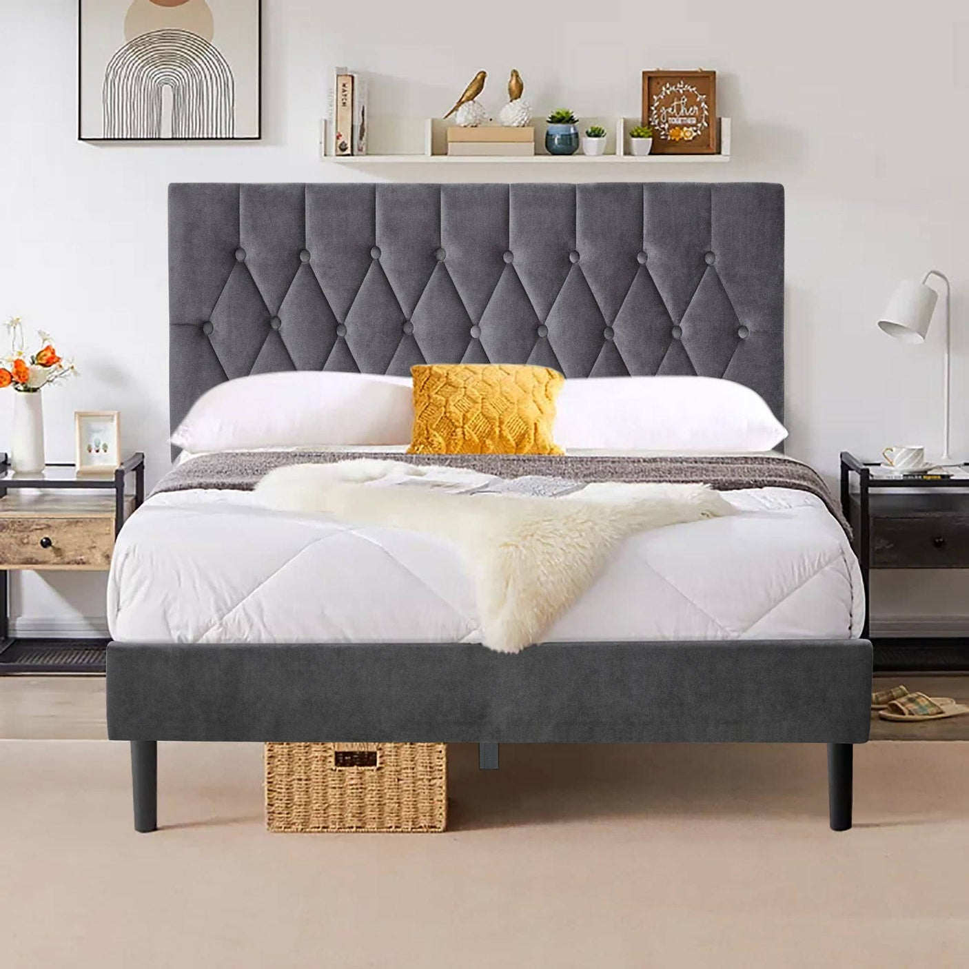Blisswood Chesterfield Bed Frame - Luxurious Velvet Grey Upholstery, Adjustable Headboard