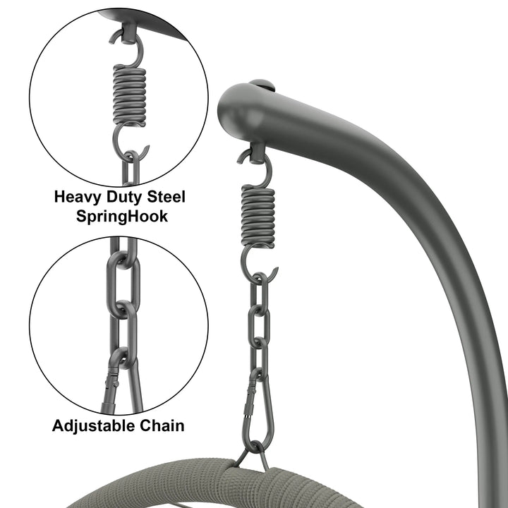 [Grey] Grey egg chair suspension close-up showing spring hook attachment and adjustable chain