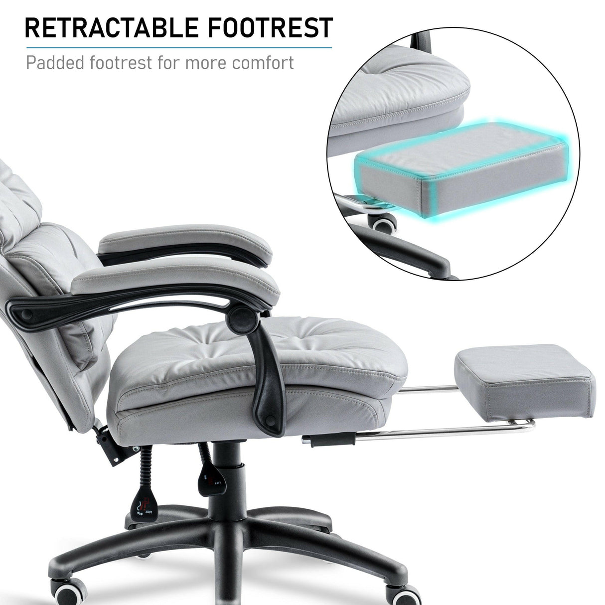 Luxury leather office chair with a retractable footrest for enhanced comfort and relaxation.