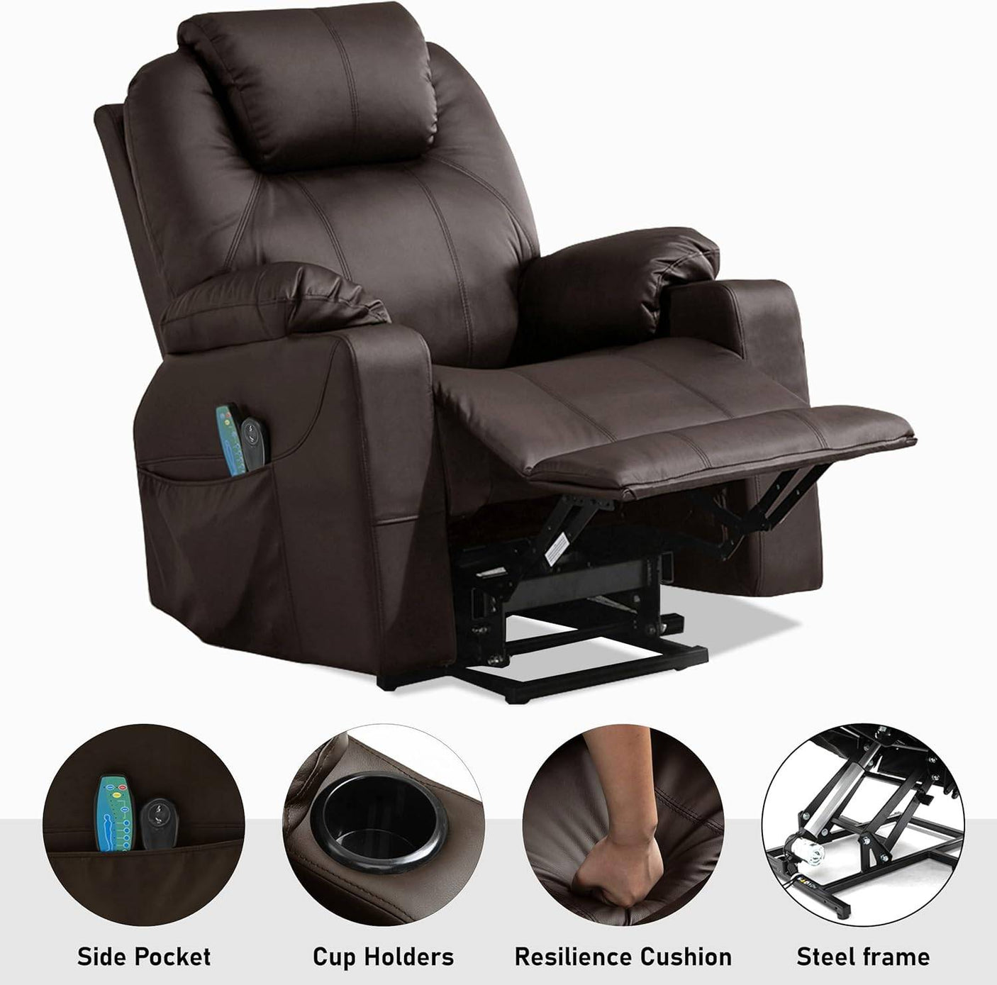 Brown Electric Recliner Chair For Elderly with side storage, cup holders, padded cushion, and steel base for comfort and stability.
