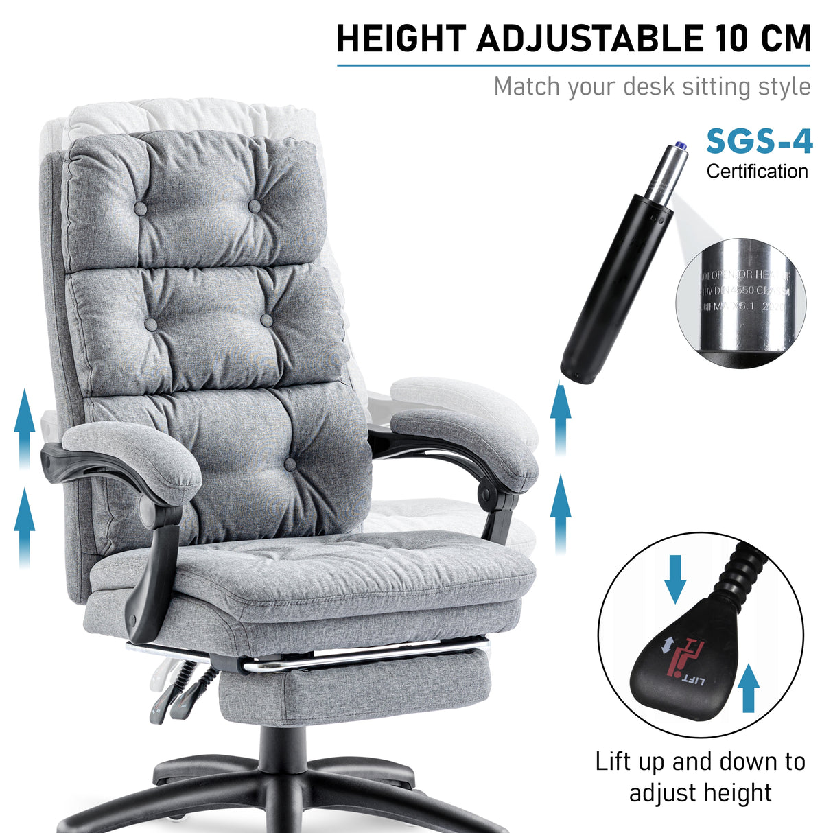 Luxury swivel office chair with 10 cm height adjustment for customizable comfort and flexibility.