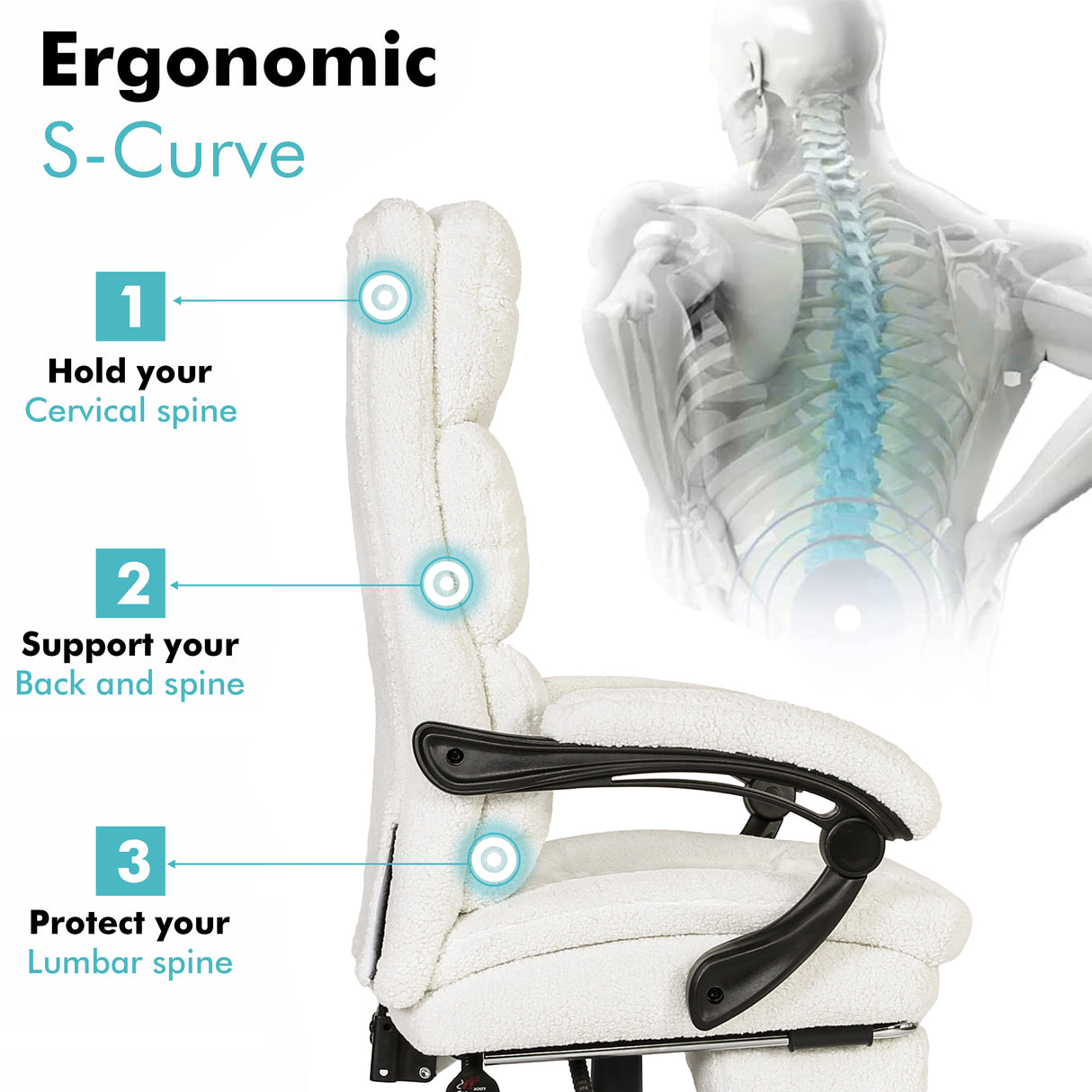 Luxury white office chair with ergonomic S-curve design for enhanced support and comfort.