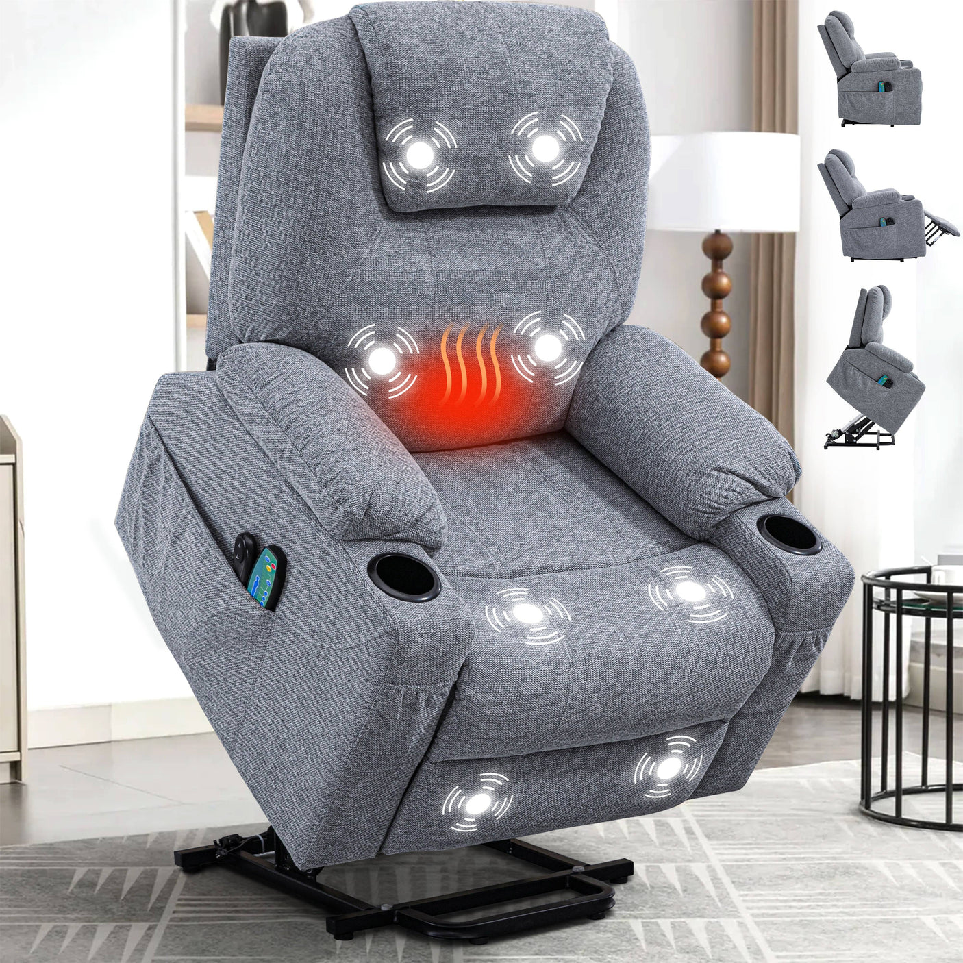 Grey riser recliner chair with cup holder, heat and massage functions, ideal for elderly comfort and relaxation in living rooms.