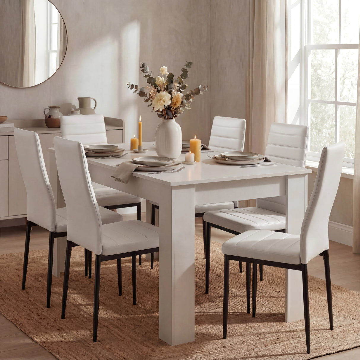 Modern white dining table set with 6 white PU leather chairs in a neutral-toned dining room. Ideal for stylish family meals or gatherings.