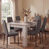 White dining table set for 6 with grey PU leather chairs in a classic dining room, perfect for modern family meals or gatherings.