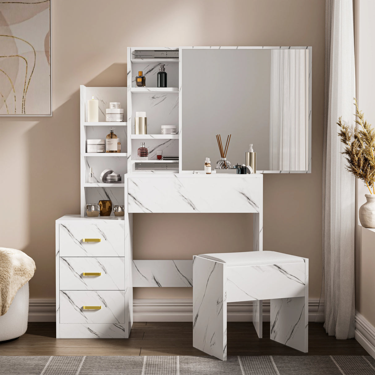 Dressing Table with Storage, Drawers and Mirror - Vanity Makeup Table in white marble finish with gold handles, shelves, and cushioned stool. Ideal for modern bedroom decor.