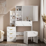 Dressing Table with Storage, Drawers and Mirror - Vanity Makeup Table in white marble finish with gold handles, shelves, and cushioned stool. Ideal for modern bedroom decor.