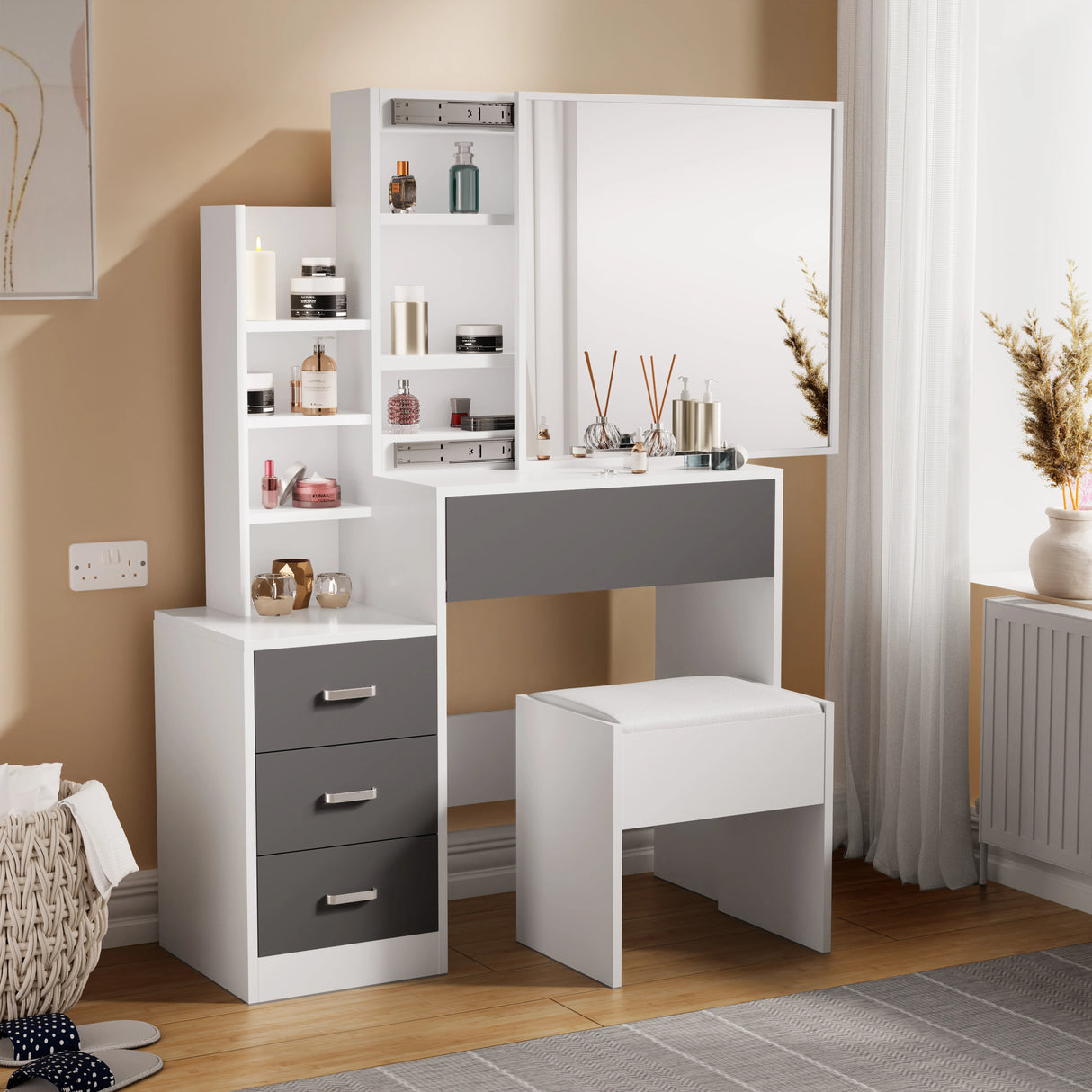 Dressing Table with Storage, Drawers and Mirror - Vanity Makeup Table in white and grey with cushioned stool, shelves, and large mirror for bedroom use.