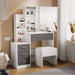 Dressing Table with Storage, Drawers and Mirror - Vanity Makeup Table in white and grey with cushioned stool, shelves, and large mirror for bedroom use.