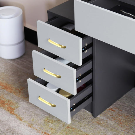 Make-up dressing table with 4 storage drawers and matching stool for a stylish and organized setup.