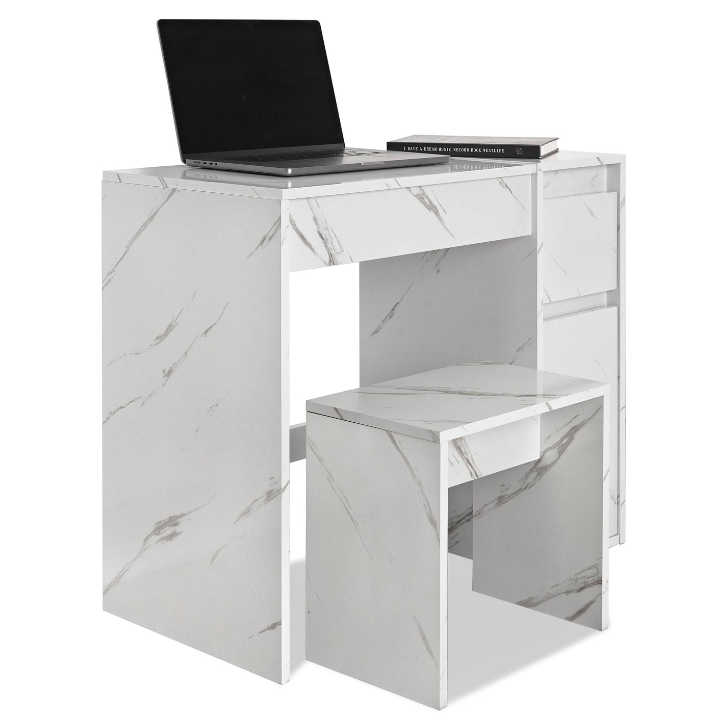 Small dressing table with flip-up mirror and stool in white marble finish, featuring storage drawers and compact design for bedroom or makeup use.Whether you use it as a writing desk.