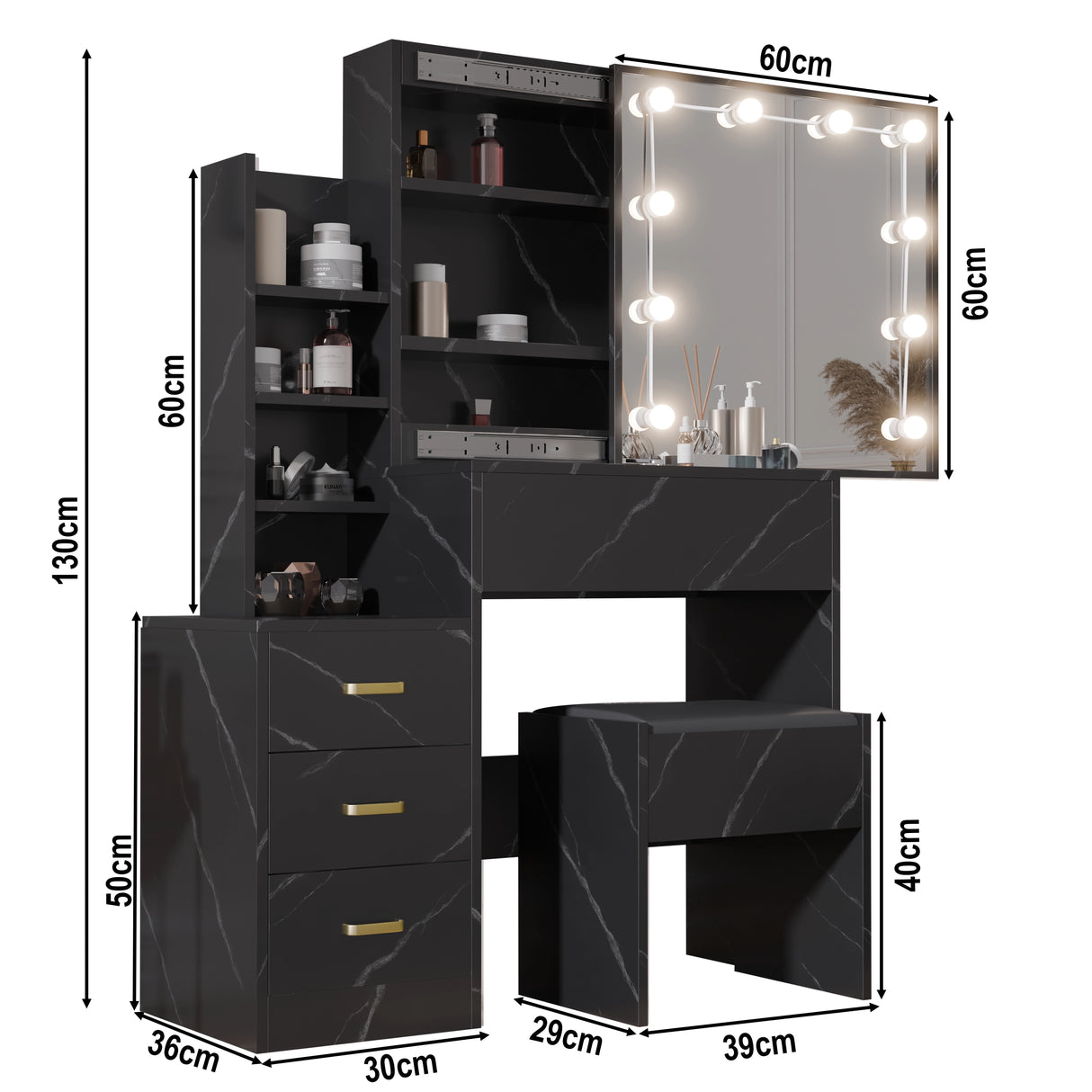 Black vanity table with mirror and shelves, showing dimensions on a white background