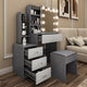 Makeup desk with mirror LED, grey drawers, shelves, and stool for stylish bedroom storage.