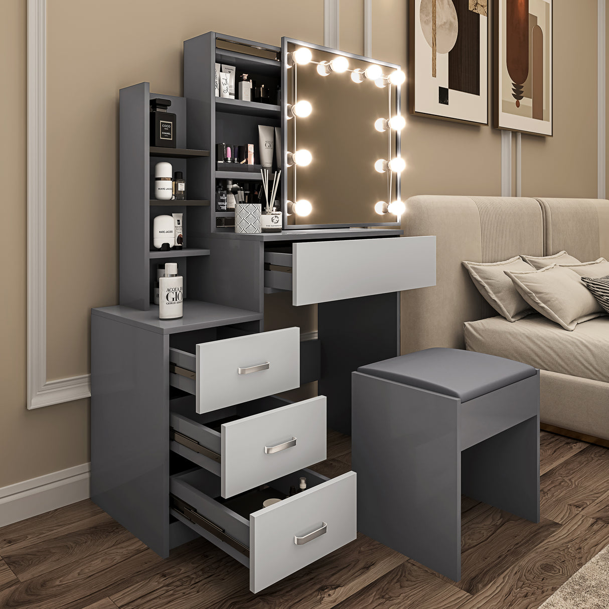 Makeup desk with mirror LED, grey drawers, shelves, and stool for stylish bedroom storage.