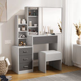 Modern grey dressing table with storage, drawers, and large mirror. Includes cushioned stool and open shelving, ideal for bedroom makeup setup.