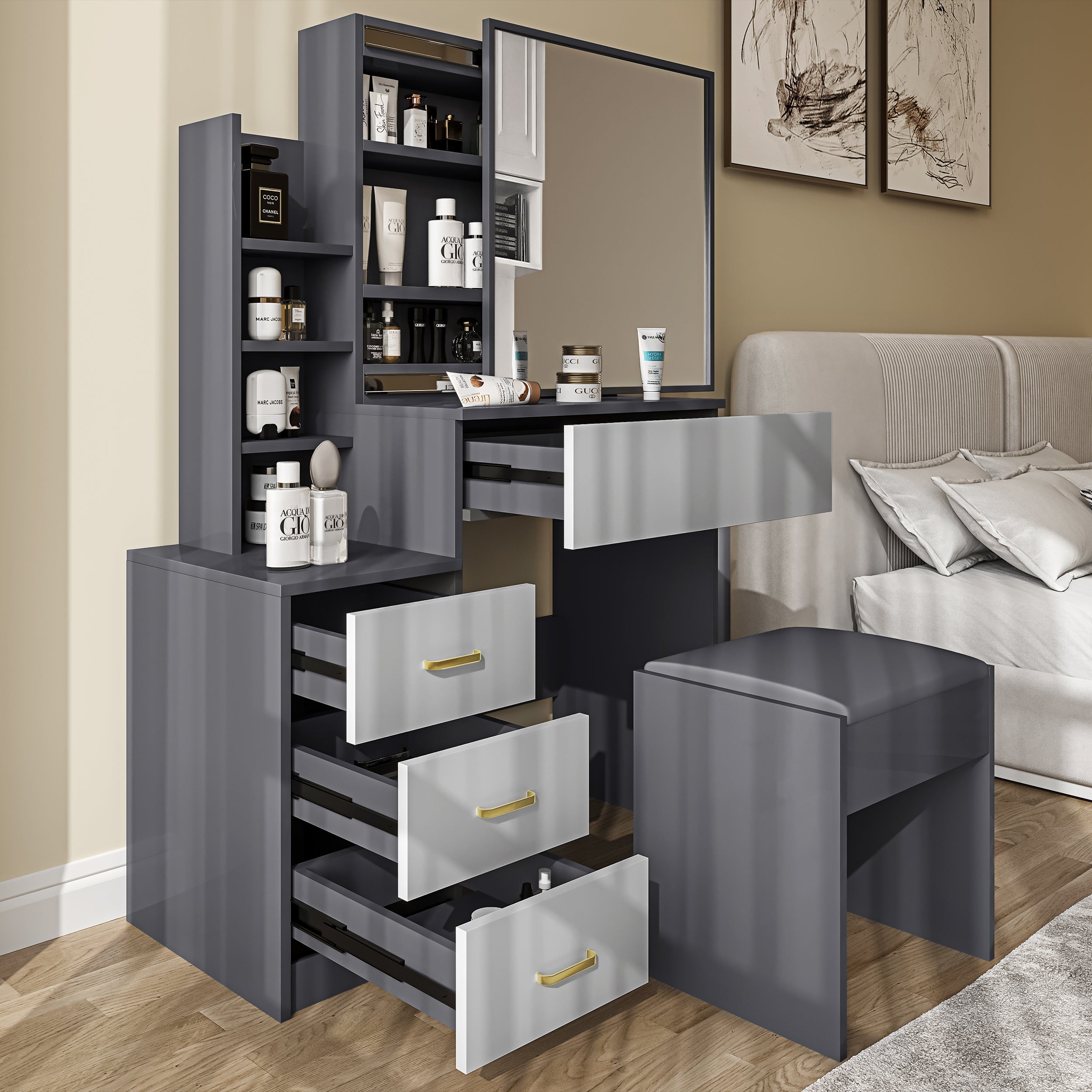 Blisswood grey and silver grey makeup desks with mirror for elegant decor & beauty setup.