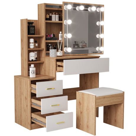 Makeup organiser for dressing table with LED mirror, pine finish, white drawers.