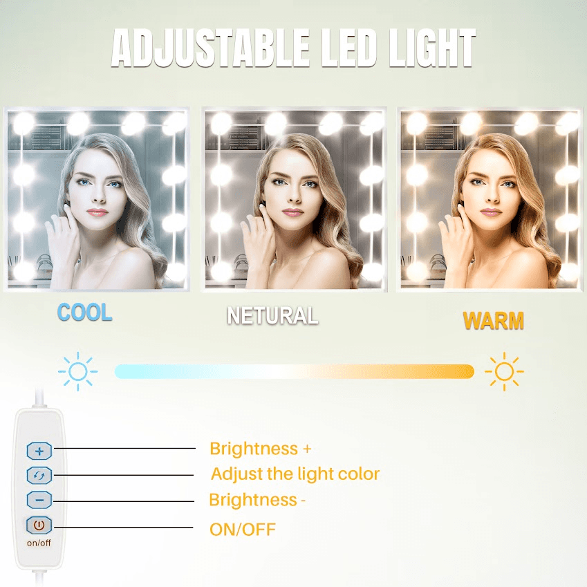Dressing Table with Mirror and Lights showing adjustable LED settings in cool, neutral, and warm tones with remote control for brightness and color.