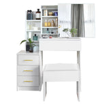 White vanity desk with mirror, drawers, and stool on a white background