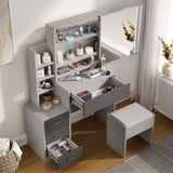 Dressing Table with Storage, Drawers and Mirror, Vanity Makeup Table in grey finish featuring multiple drawers, open shelves, and cushioned stool. Ideal for organizing cosmetics and beauty essentials in modern bedrooms.
