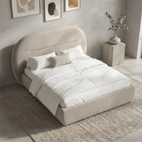 [Beige | Double] Top-down angled shot of upholstered bed frame revealing mattress area and rounded headboard shape from above