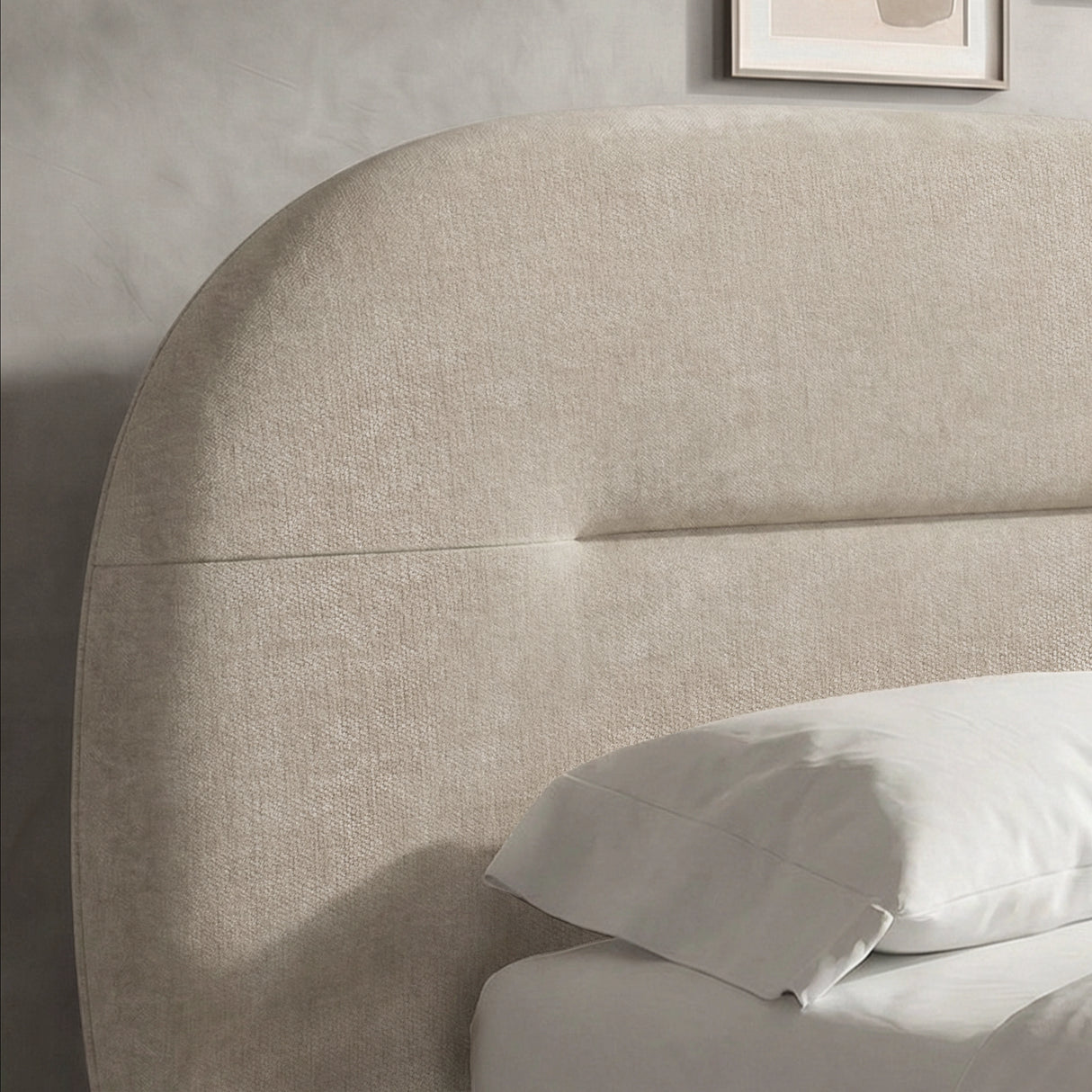 [Beige | Double] Extreme close-up of upholstered headboard corner showing the rounded top edge and fabric grain detail