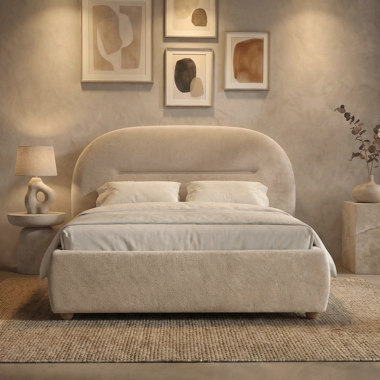 [Beige | King] Evening bedroom scene with warm spotlighting on arch headboard bed frame and illuminated gallery wall above