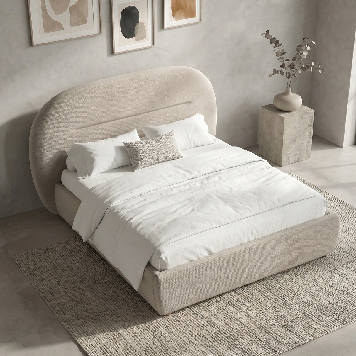 [Beige | King] Overhead corner view showing full bed footprint with white duvet and scatter cushions against gallery wall