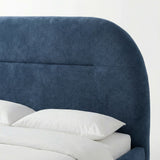 [Blue | Double] Close-up of headboard side revealing deep padding and velvet nap with horizontal channel seam running across