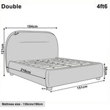 [Beige | Double] Technical size guide with front and side profile illustrating 4ft6 bed frame at 151cm wide by 216cm long