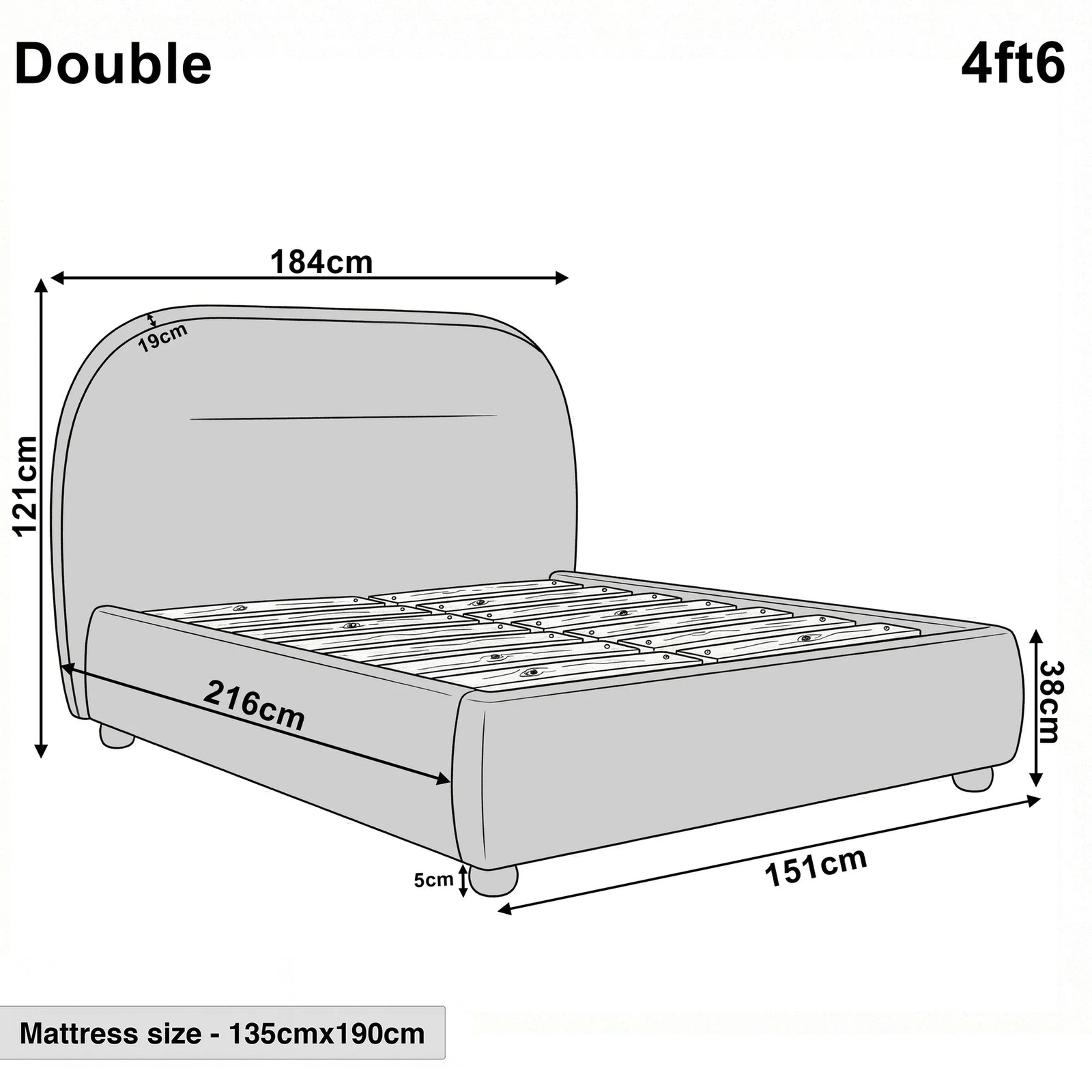 [Beige | Double] Technical size guide with front and side profile illustrating 4ft6 bed frame at 151cm wide by 216cm long