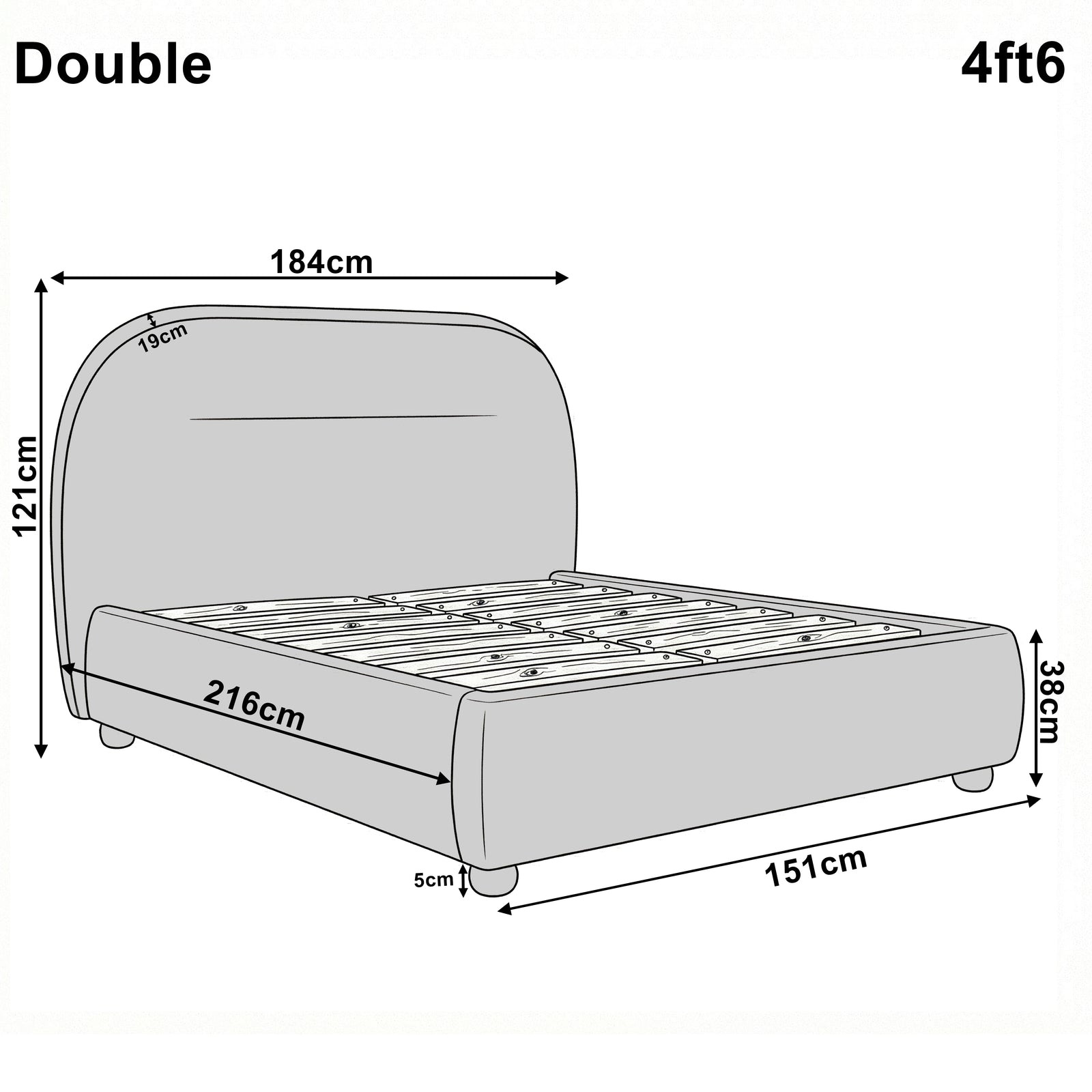 [Beige | Double] Technical size guide with front and side profile illustrating 4ft6 bed frame at 151cm wide by 216cm long