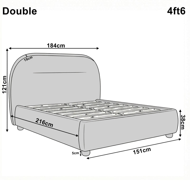 [Beige | Double] Technical size guide with front and side profile illustrating 4ft6 bed frame at 151cm wide by 216cm long