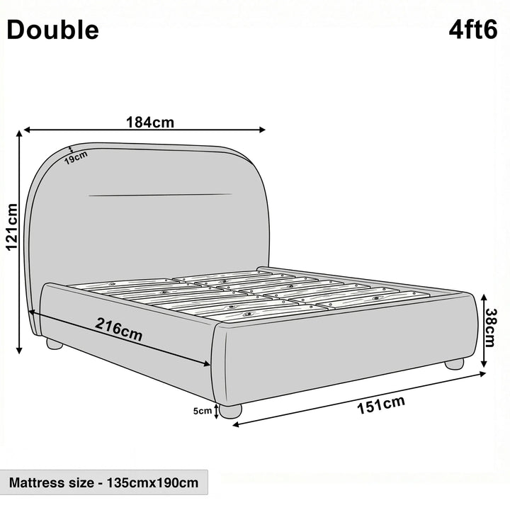 [Grey | Double] Technical size guide with front and side profile illustrating 4ft6 bed frame at 151cm wide by 216cm long