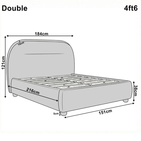 [Grey | Double] Technical size guide with front and side profile illustrating 4ft6 bed frame at 151cm wide by 216cm long