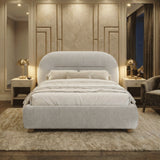 [Grey | Double] Warm evening setting with bed frame centred between matching nightstands under spotlit gold moulding wall