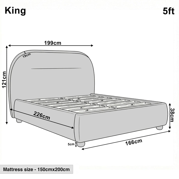 [Beige | King] Technical size guide with front and side profile illustrating 5ft bed frame at 166cm wide by 226cm long