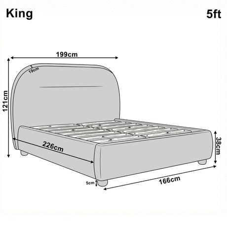 [Beige | King] Technical size guide with front and side profile illustrating 5ft bed frame at 166cm wide by 226cm long