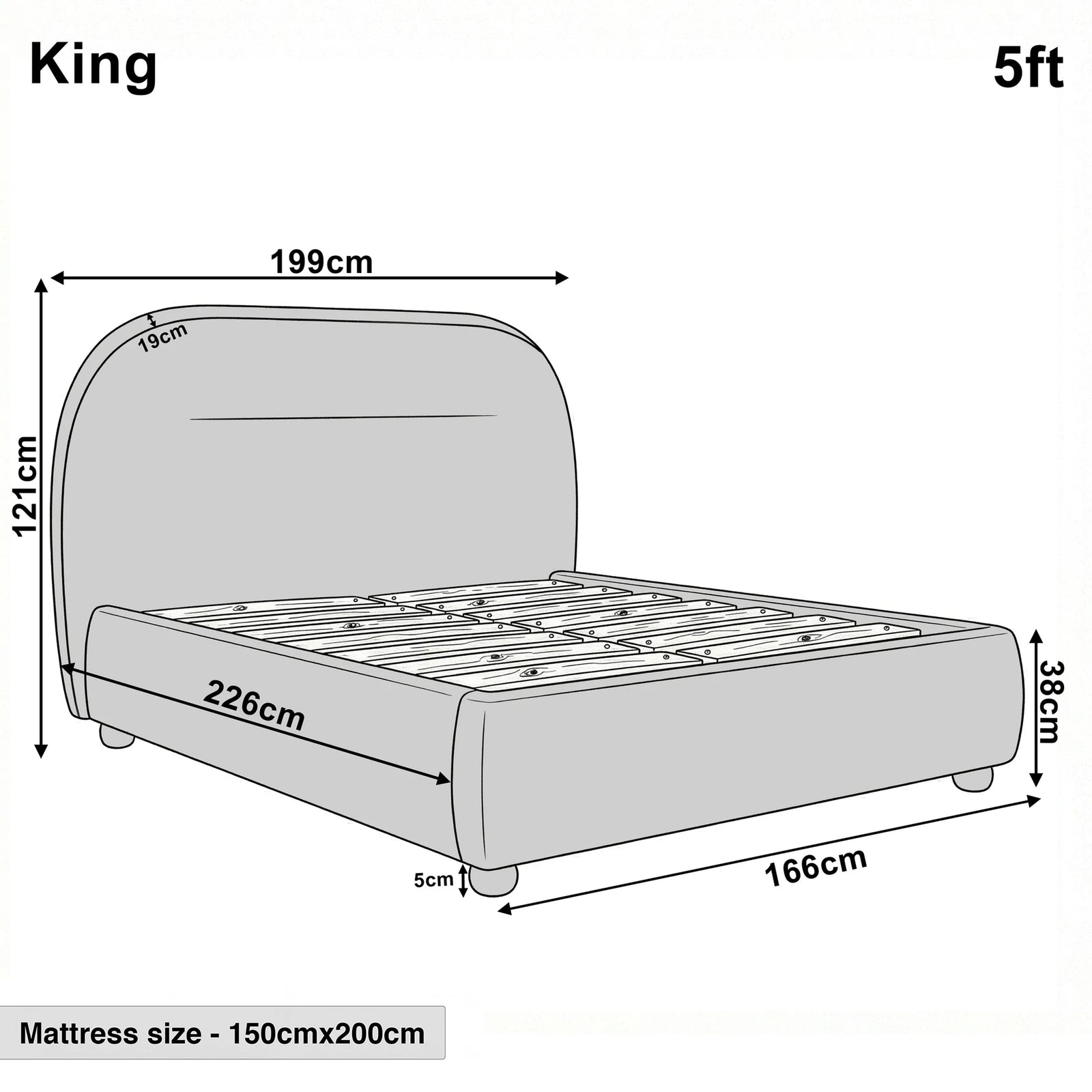 [Grey | King] Technical size guide with front and side profile illustrating 5ft bed frame at 166cm wide by 226cm long